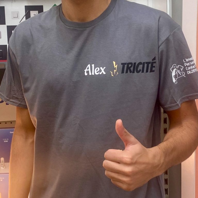 T-shirt avec nom de la société et logo, électricien. T-shirt de travail