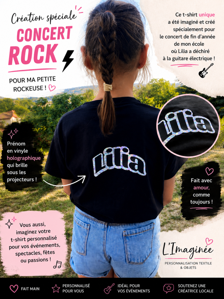 T-Shirt scène musique enfant T-shirt noir avec inscription "Lilia", annonce un concert rock pour enfants.